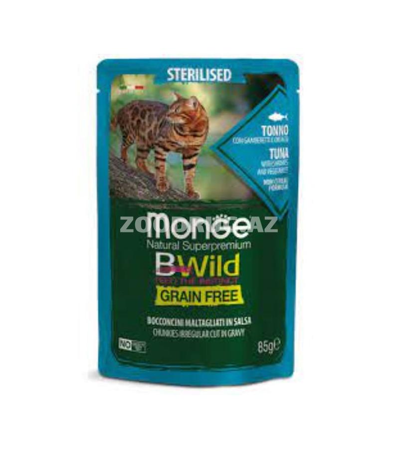 Monge BWild Sterilised Tuna with Vegetables in Gravy — беззерновой влажный корм суперпремиум-класса для стерилизованных кошек с тунцом и овощами в соусе.