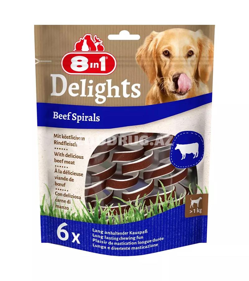 Лакомство 8in1 Delights Beef Spirals — это аппетитные спиральные жевательные палочки с нежным говяжьим мясом.