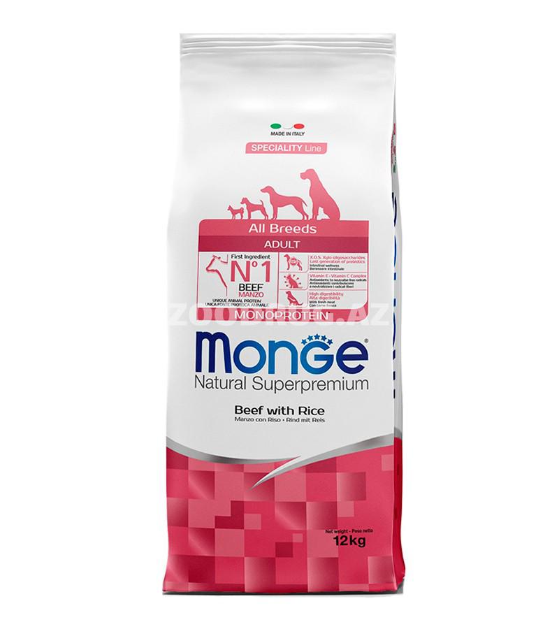 Сухой корм Monge Adult Dog Monoprotein Beef&Rice полноценный сбалансированный монобелковый рацион для взрослых собак всех пород со вкусом говядины и риса.