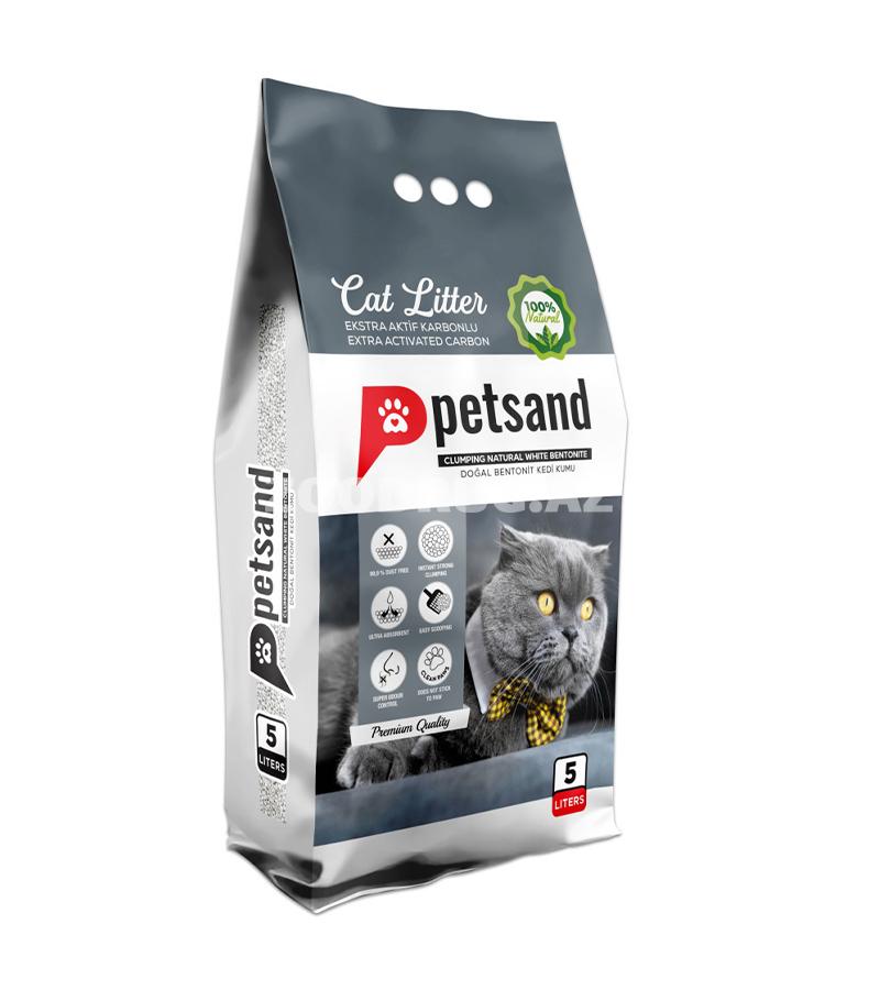 Petsand Cat Litter Extra Activated Carbon — ağ bentonit və aktivləşdirilmiş kömür əsasında hazırlanmış təbii topalanan pişik qumudur.