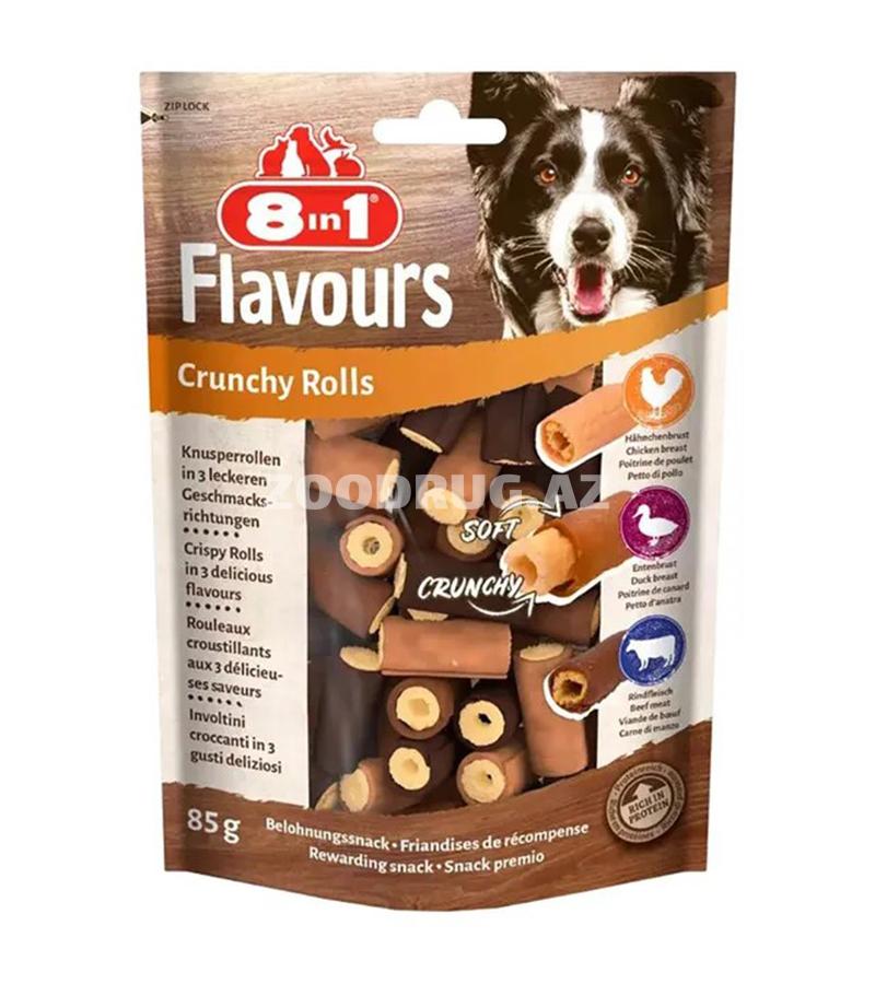 8in1 Flavours Crunchy Rolls — toyuq, ördək və mal ətindən hazırlanmış üç müxtəlif dada malik, içi yumşaq, çölü xırtıldayan rulon şəklində itlər üçün ləzzətli çeynəmə qəlyanaltısıdır.