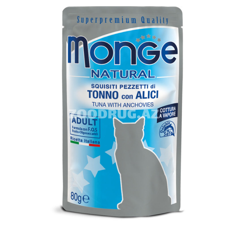 Влажный корм Monge Natural Adult-натуральные кусочки тунца с анчоусами, пауч для кошек, приготовлено на пару (80 г)