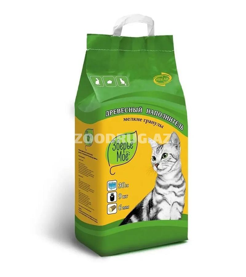 Древесный наполнитель Зверьё Моё, мелкие гранулы-натуральный, безопасный и удобный вариант для туалета кошек и мелких животных 9кг