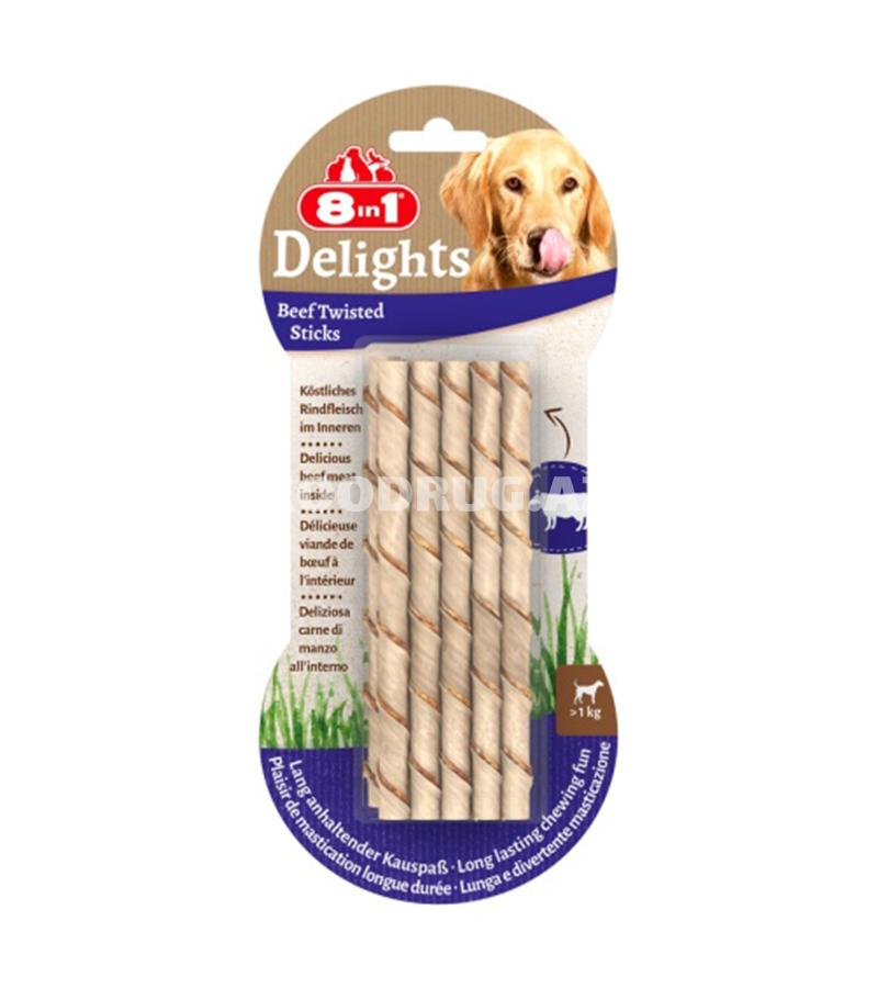 Лакомство 8in1 Delights Beef Twisted Sticks — аппетитные жевательные палочки с натуральным говяжьим мясом внутри.