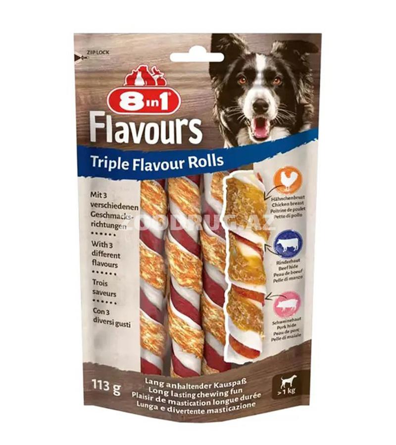 8in1 Flavours Triple Flavour Rolls — üç fərqli ət dadını birləşdirən dadlı çeynənən çubuqlardır: toyuq filesi, mal dərisi və donuz dərisi.