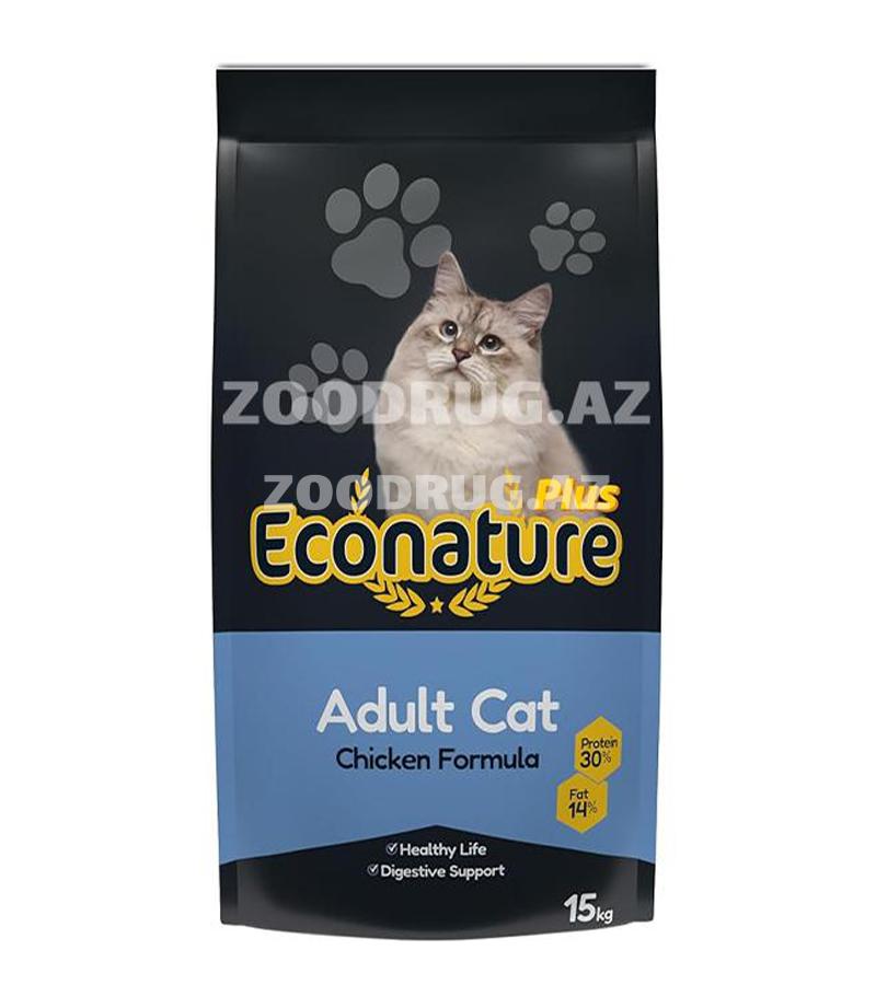 Econature Plus Adult Cat Chicken Formula — böyüklər üçün nəzərdə tutulmuş 15 kq-lıq quru pişik yemidir, quzu dadı ilə zənginləşdirilmişdir