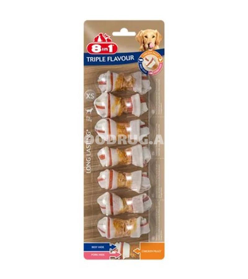 Лакомство 8in1 Triple Flavour XS — это жевательные косточки для мелких собак, созданные из трёх видов ингредиентов: говяжья кожа, свиная кожа и нежное куриное филе
