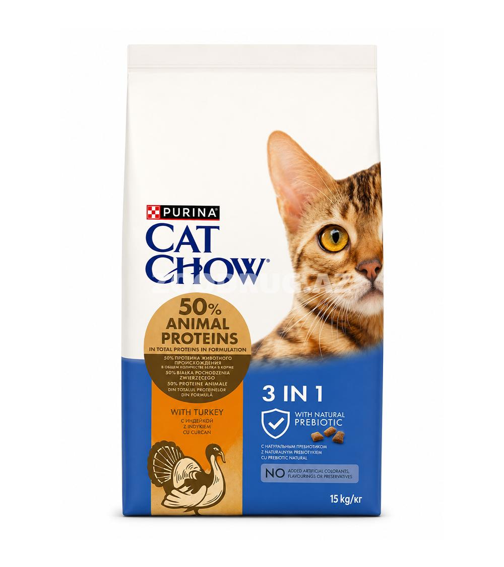 Сухой корм Purina Cat Chow 3 in 1 - для взрослых кошек с комплексной поддержкой здоровья со вкусом индейки.