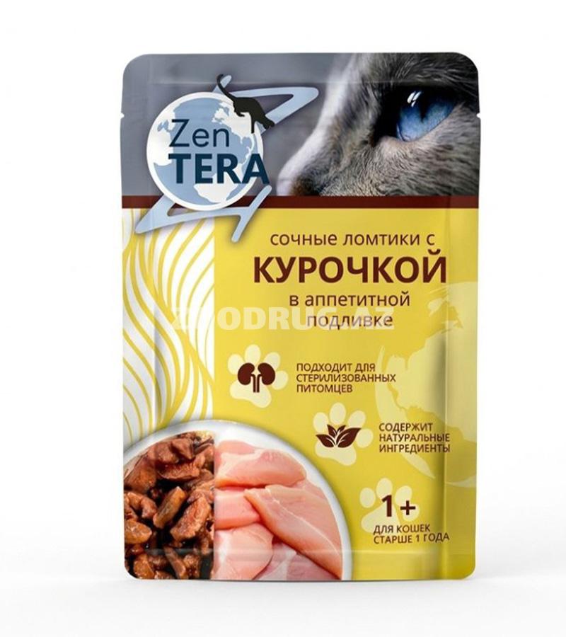 Zen Tera — 1 yaşdan yuxarı yetkin, o cümlədən sterilizasiya olunmuş pişiklər üçün toyuq ətli, iştahaaçan sousda yaş yem.