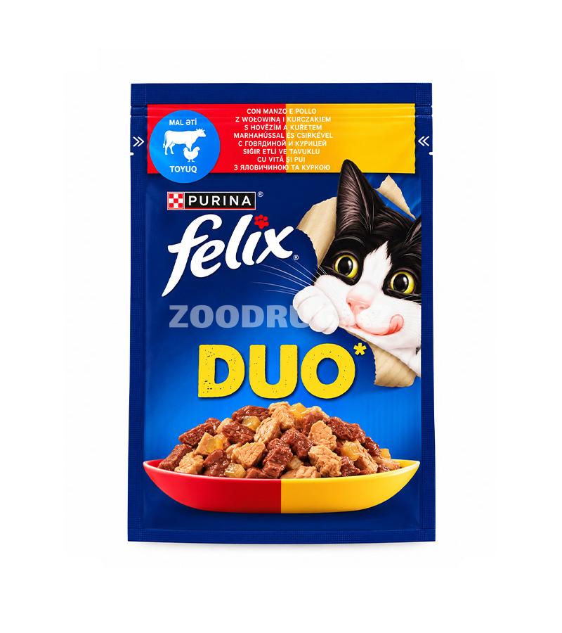 Влажный корм Felix Duo с говядиной и курицей — полнорационный корм для взрослых кошек.