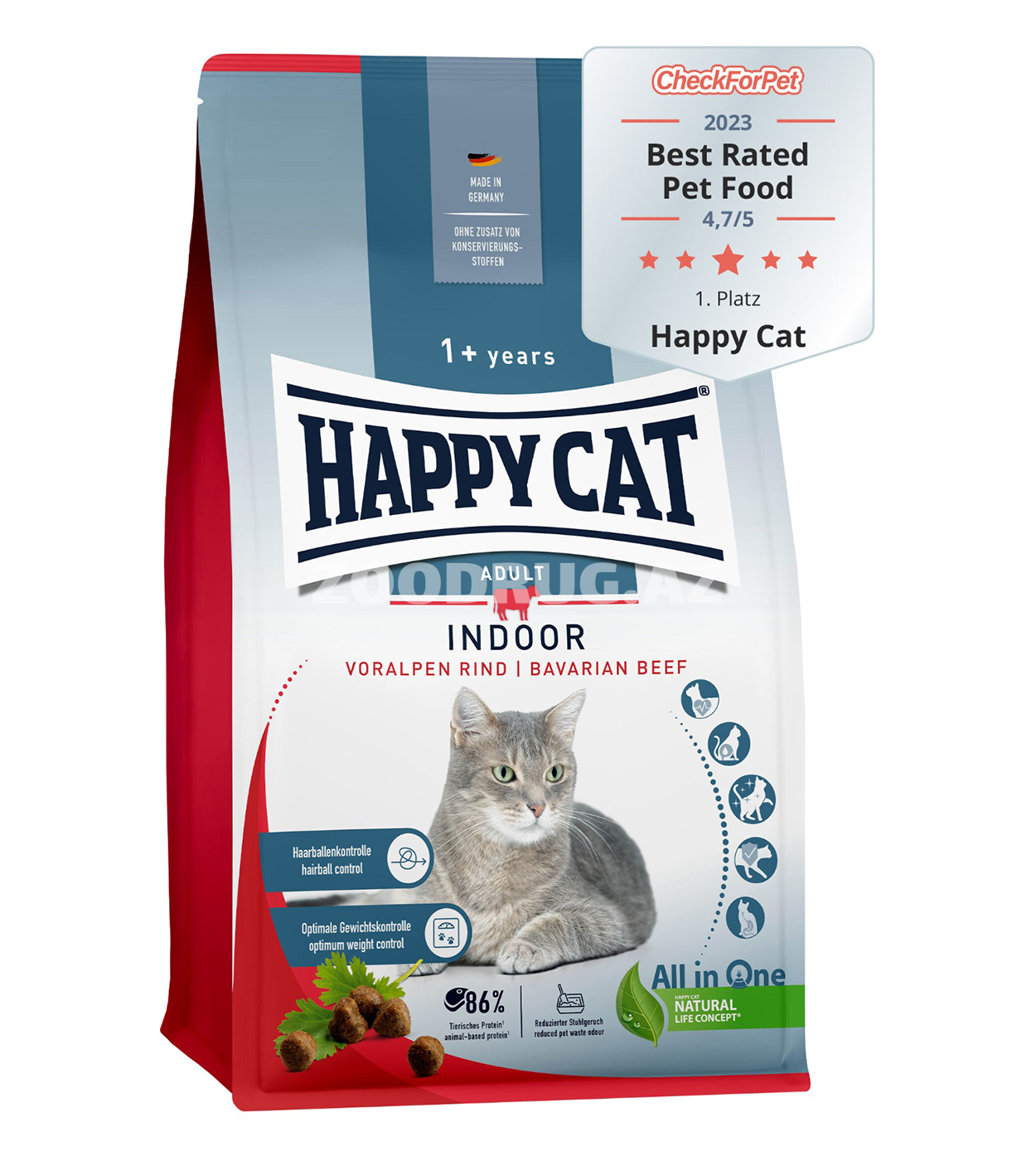 Сухой корм Happy Cat Indoor Adult Voralpen Rind для домашних кошек с баварской говядиной