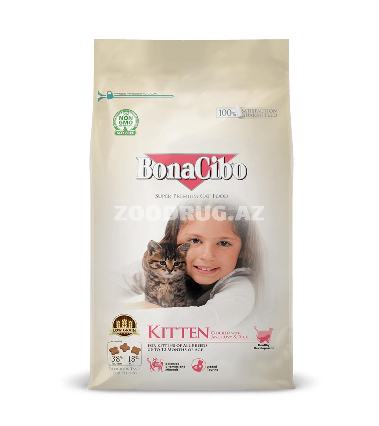 BonaCibo Kitten Chicken with Anchovy & Rice — bütün cins pişik balaları üçün toyuq, hamsi və düyü ilə quru yem, 15 kq