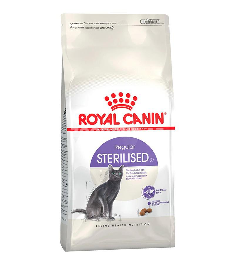 Сухой корм Royal Canin Sterilised 37 для взрослых кастрированных котов и стерилизованных кошек со вкусом курицы.