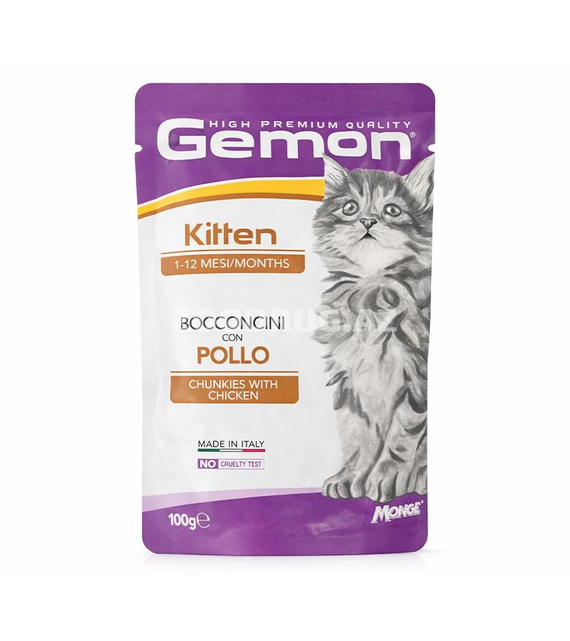 Влажный корм Gemon KItten с кусочками курицы для котят 100гр #00896.