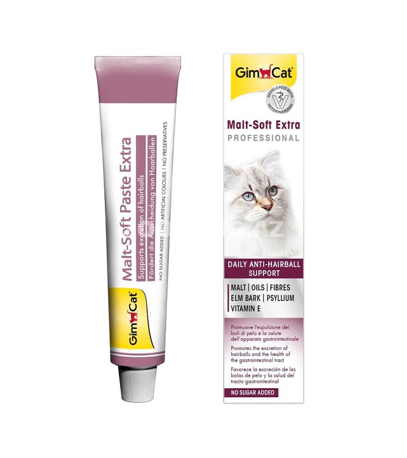 GimCat Malt-Soft Extra Professional - эффективная паста для кошек, созданная для ежедневной профилактики образования комков шерсти в желудке и комфортного пищеварения 100г.