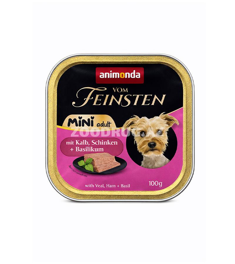 Xırda cins yetkin itlər üçün dana əti, vetçina və reyhan tərkibli Animonda Vom Feinsten Mini Adult yaş yem.