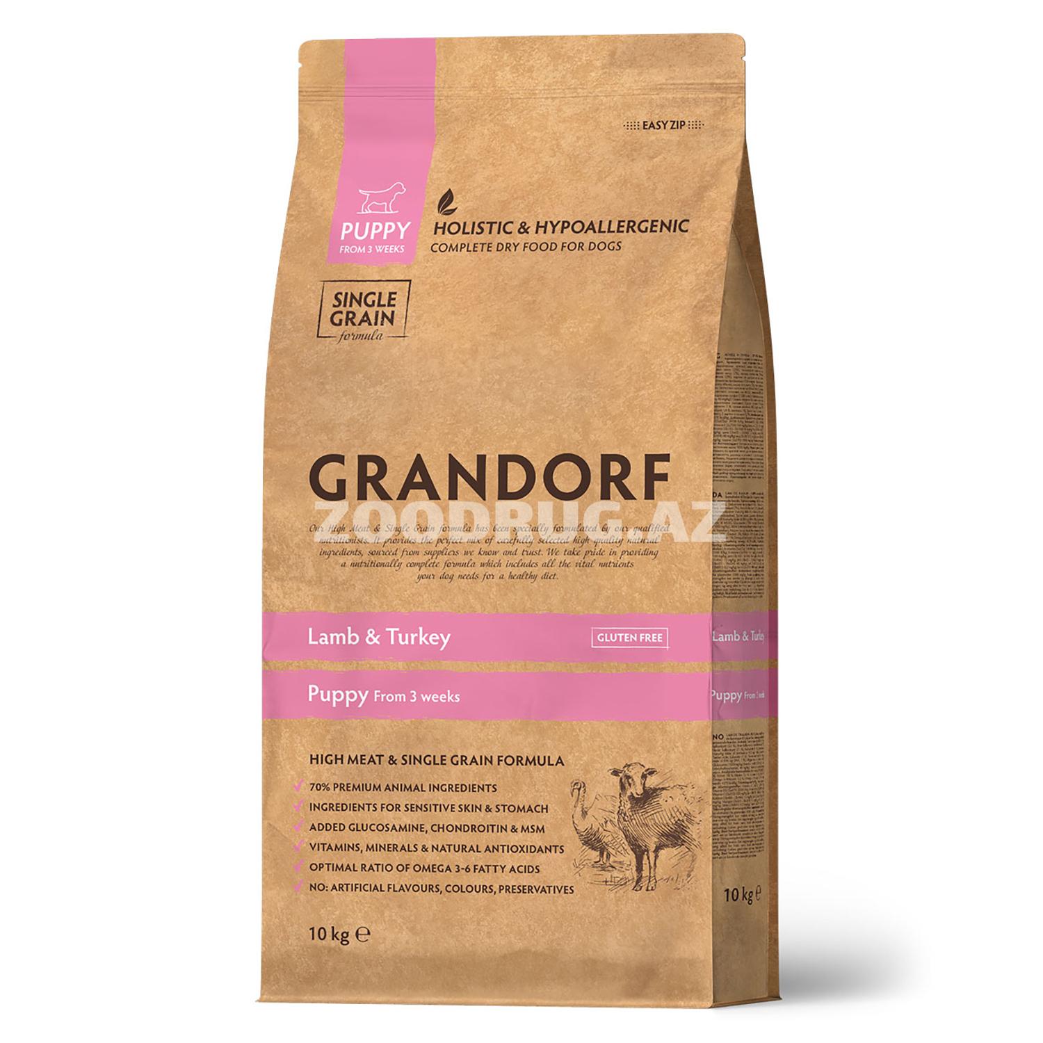 Сухой корм Grandorf Holistiс Hypoallergenic Pappy All Breeds Lamb&Turkey (70% мяса) низкозерновой для щенков всех пород и беременных и кормящих сук со вкусом ягненка, индейки и бурого риса.