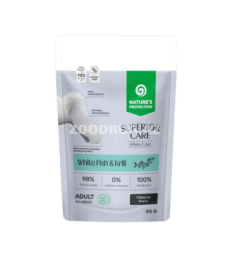 Влажный корм Nature’s Protection Superior Care White Fish & Krill - полнорационный влажный корм для взрослых собак всех пород со вкусом белой рыбы и креветки 85гр.