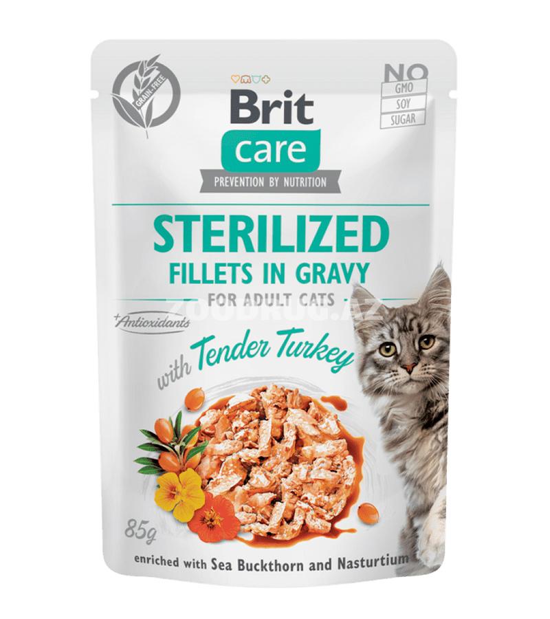 Влажный корм Brit Care Cat Sterilized Fillets in Gravy with Tender Turkey филе в соусе с индейкой, полнорационный беззерновой для кастрированных котов и стерилизованных кошек 85 гр.