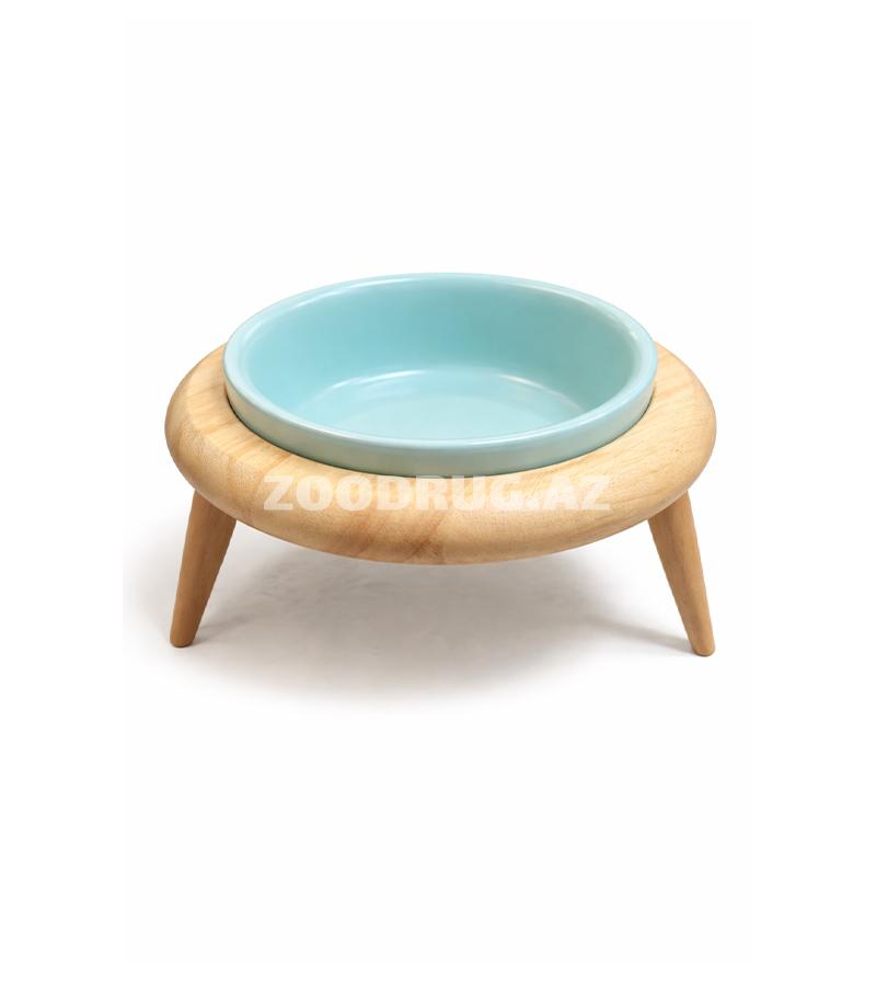 Керамическая миска Nunbell #9564 на деревянной подставке для кошек и собак 19x10,5.
