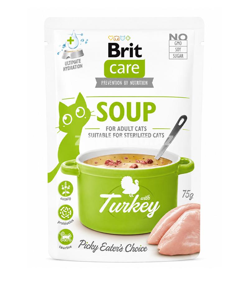 Нежный суп Brit Care Soup with Turkey - для взрослых кошек, включая стерилизованных питомцев со вкусом индейки 75 гр.