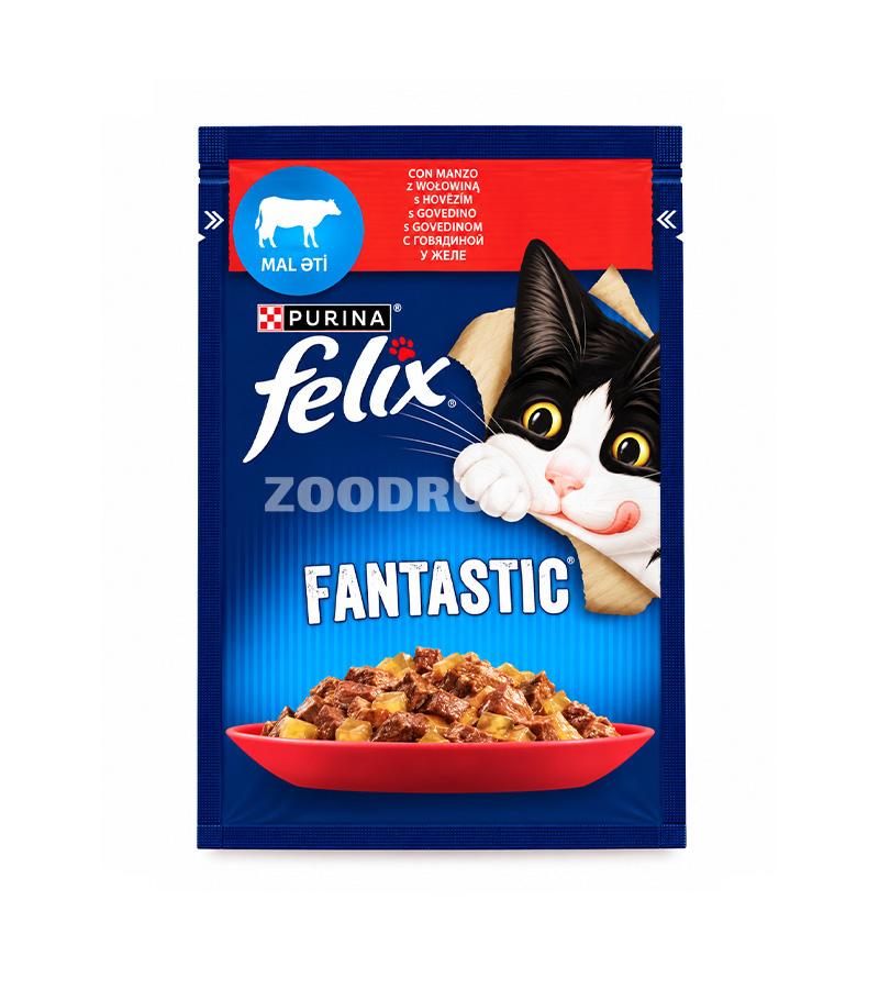 Влажный корм Felix Fantastic с говядиной в желе — полнорационный корм для взрослых кошек.