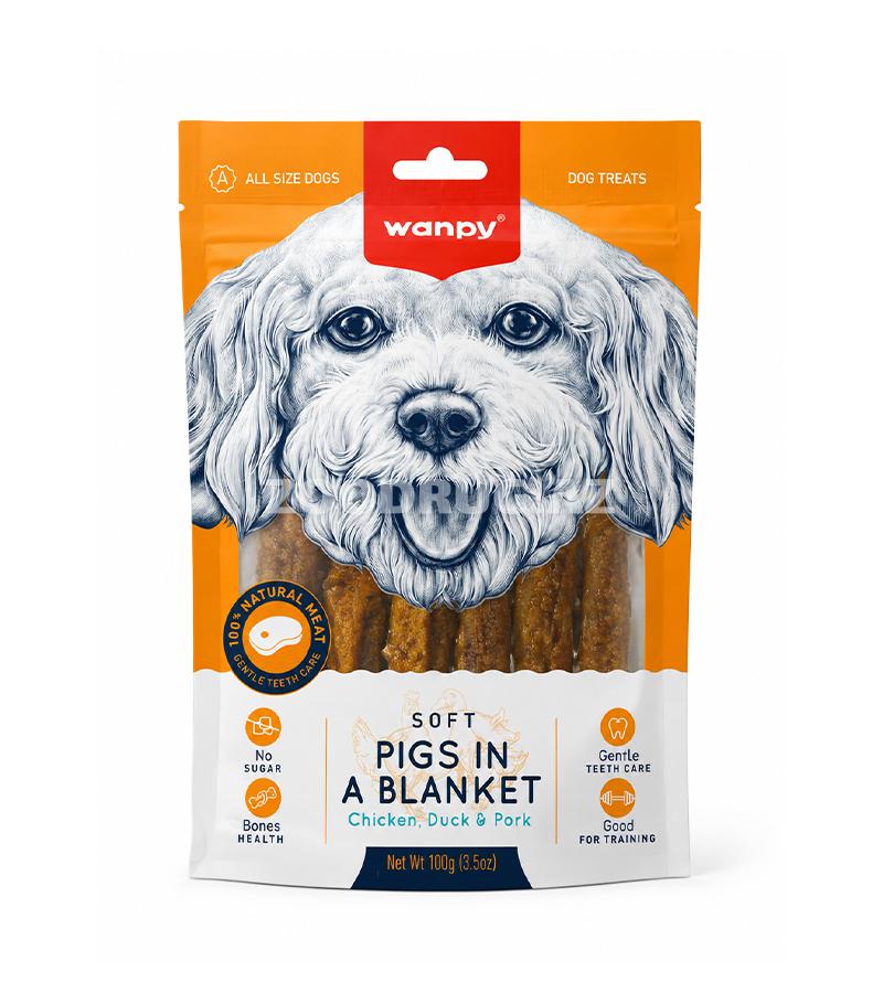 Лакомство Wanpy Soft Pigs in a Blanket - мягкое мясное угощение с курицей, уткой и свининой для собак всех пород 100гр.  #813217