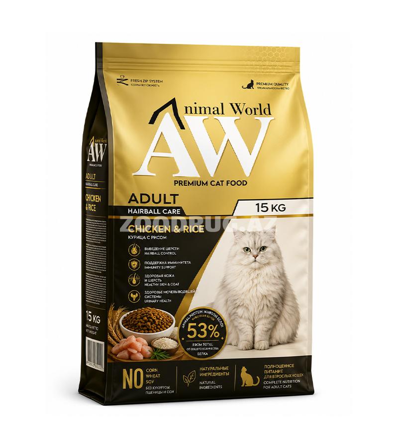 Сухой корм Animal World Adult Hairball Care Chicken & Rice - для взрослых кошек, разработанный для ежедневного питания и поддержания здоровья питомца со вкусом курицы.