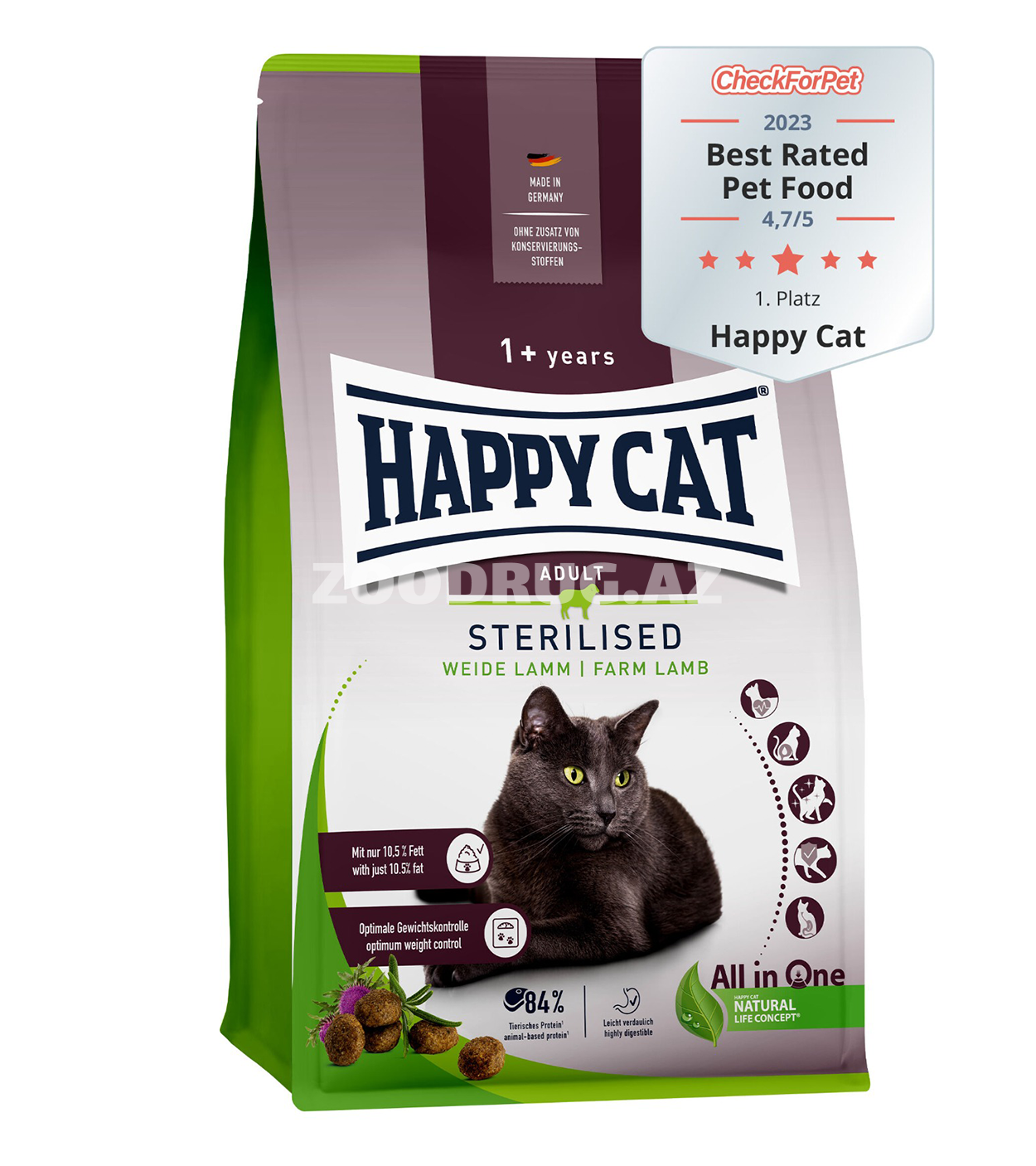 Happy Cat Sterilised Farm Lamb – sterilizasiya olunmuş pişiklər üçün quru yem (ferma quzusu)