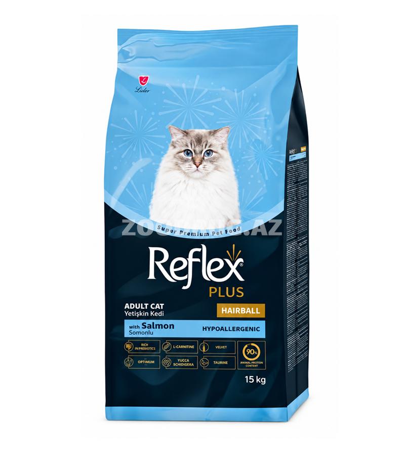 Сухой корм Reflex Adult Cat Hairball&Indoor Salmon для выведения шерсти, защита желудочно-кишечного тракта и мочеполовой системы у взрослых кошек со вкусом лосося.