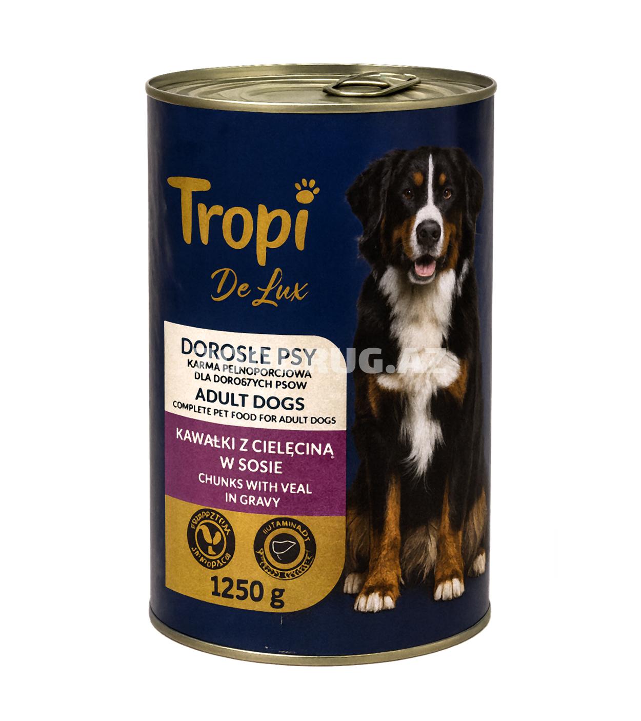 Nəmli Konservləşdirilmiş yem Tropi De Lux böyüklər üçün itlər üçün sousda dana əti ilə 1250 q