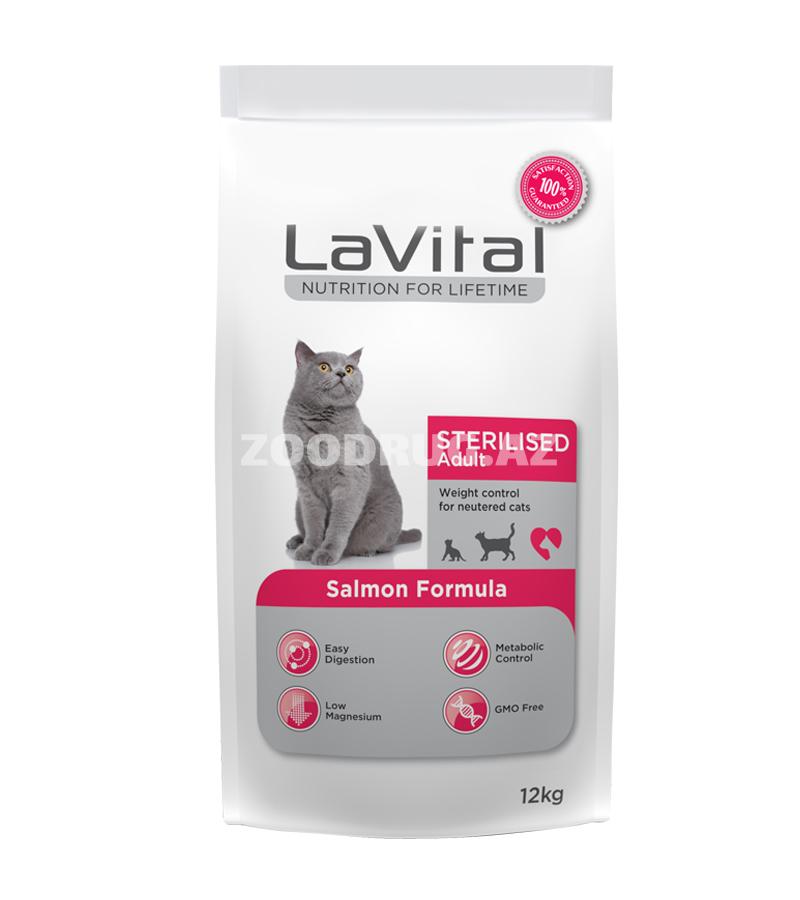 LaVital Sterilised Adult Salmon quru yemi — 12 aydan yuxarı sterilizə olunmuş pişiklər üçün xüsusi hazırlanmışdır və somon dadına malikdir.