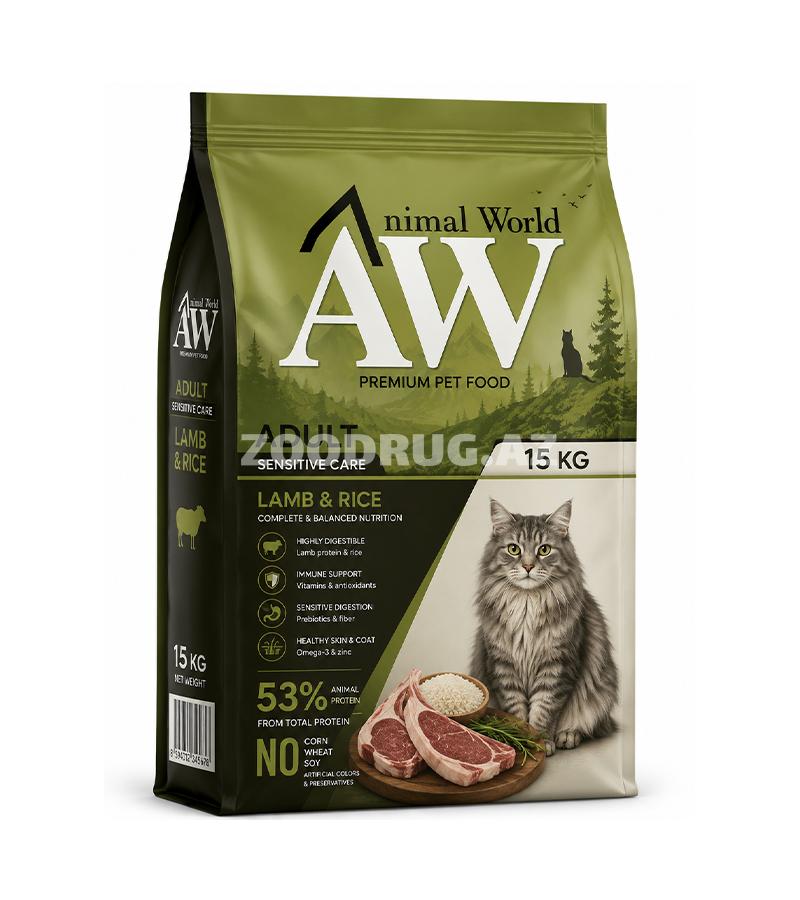 Quru yem Animal World Adult Sensitive Care Lamb & Rice - quzu əti dadı ilə həssas həzmə malik yetkin pişiklər üçün gündəlik qidalanma və əla sağlamlığın dəstəklənməsi üçün hazırlanmış yem.