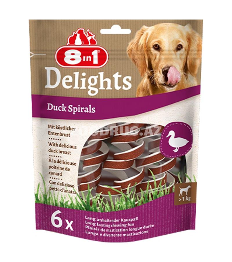 8in1 Delights Duck Spirals — sıx xam dəridən hazırlanmış və üzəri yumşaq ördək filesi ilə örtülmüş spiral formada təbii çeynəmə ləzzətidir.