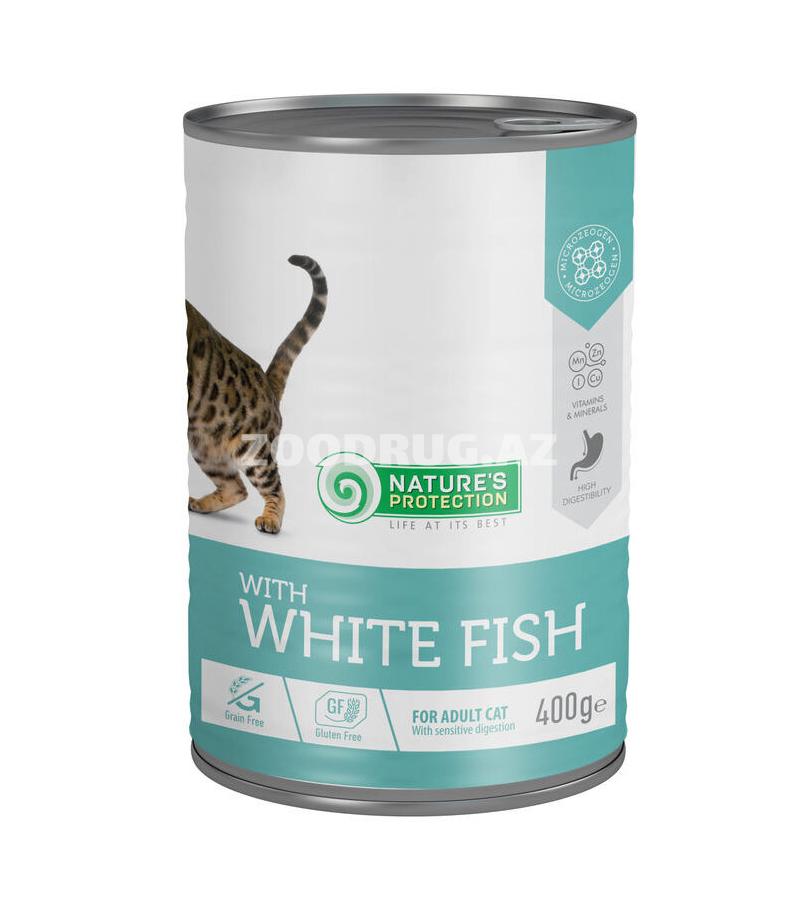 Влажный корм Nature's Protection Cat Adult Sensitive Digestion White Fish  Беззерновой влажный корм с белой рыбой для взрослых кошек с чувствительным пищеварением 400 гр.