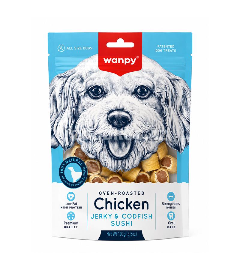 Лакомство Wanpy Chicken Jerky & Codfish Sushi - аппетитное угощение с курицей и треской для собак всех пород 100гр. #810629