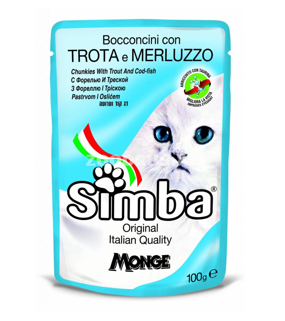 Simba Pişik əti Alabalık və Morina Balığı souslu pouch böyüklər üçün pişiklər üçün alabalık və morina balığı dadı ilə 100 q