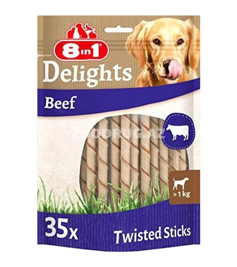8in1 Delights Beef Twisted Sticks — mal əti ilə bükülmüş çeynəmə çubuqları — gündəlik mükafatlandırma və uzunmüddətli çeynəmə üçün ideal seçimdir.