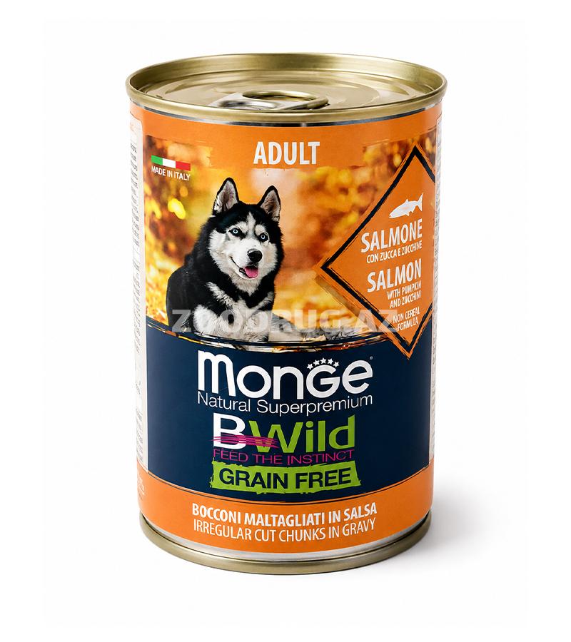 Влажный корм Monge BWild Grain Free Salmon - полнорационный беззерновой корм для взрослых собак с лососем, тыквой и цукини 400гр #2621.