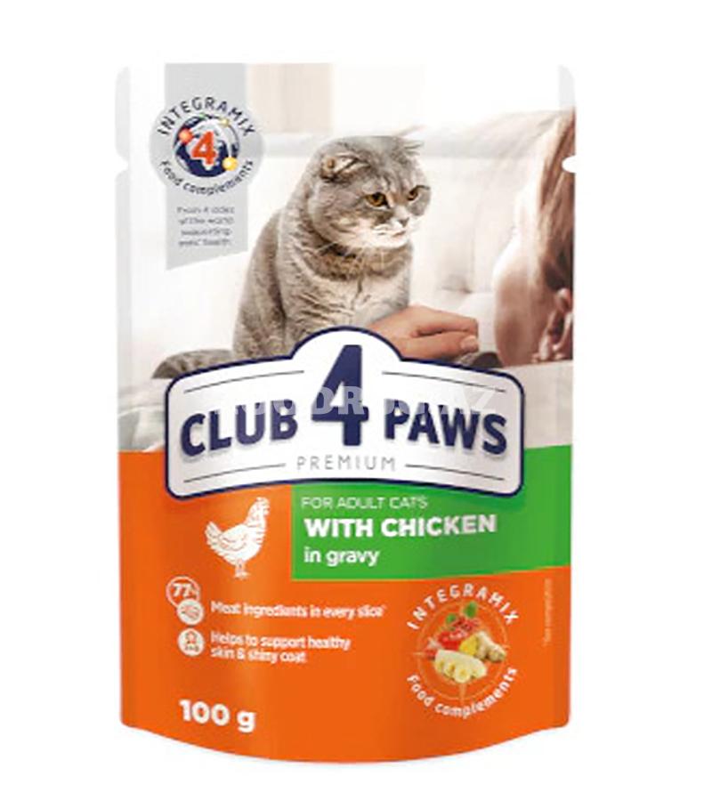 Club 4 Paws Premium — böyük pişiklər üçün toyuq əti ilə sousda yaş yem, 100 q
