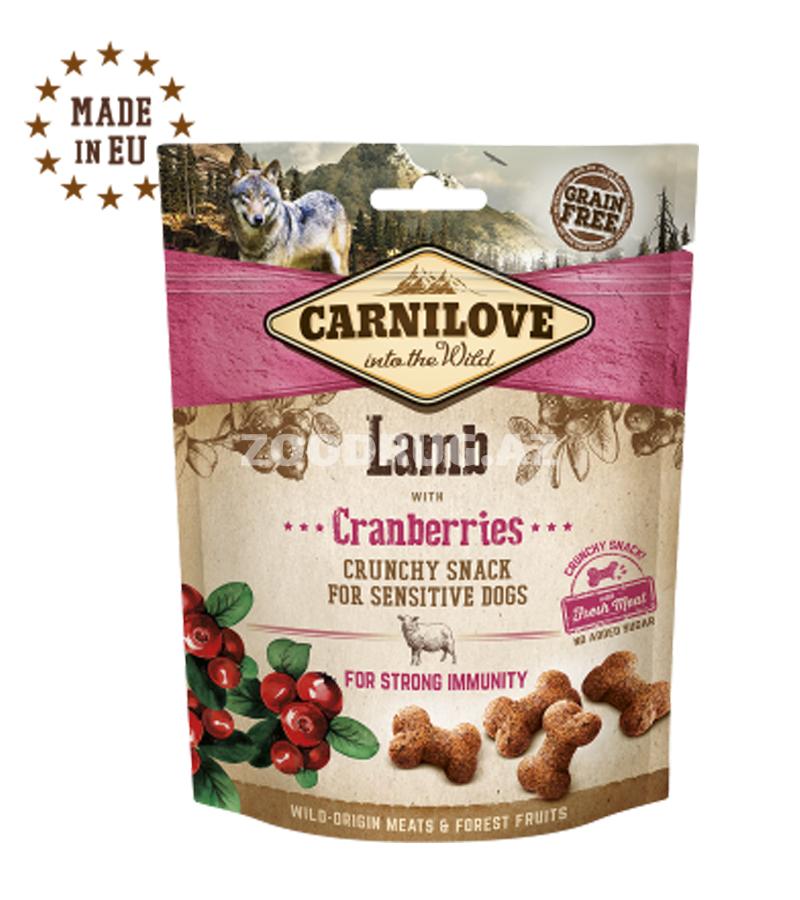 Carnilove Dog Crunchy Lamb with Cranberries Dadlı qoyun ətli və moruqlu təam, həssas mədəsi olan itlər üçün 200 q.