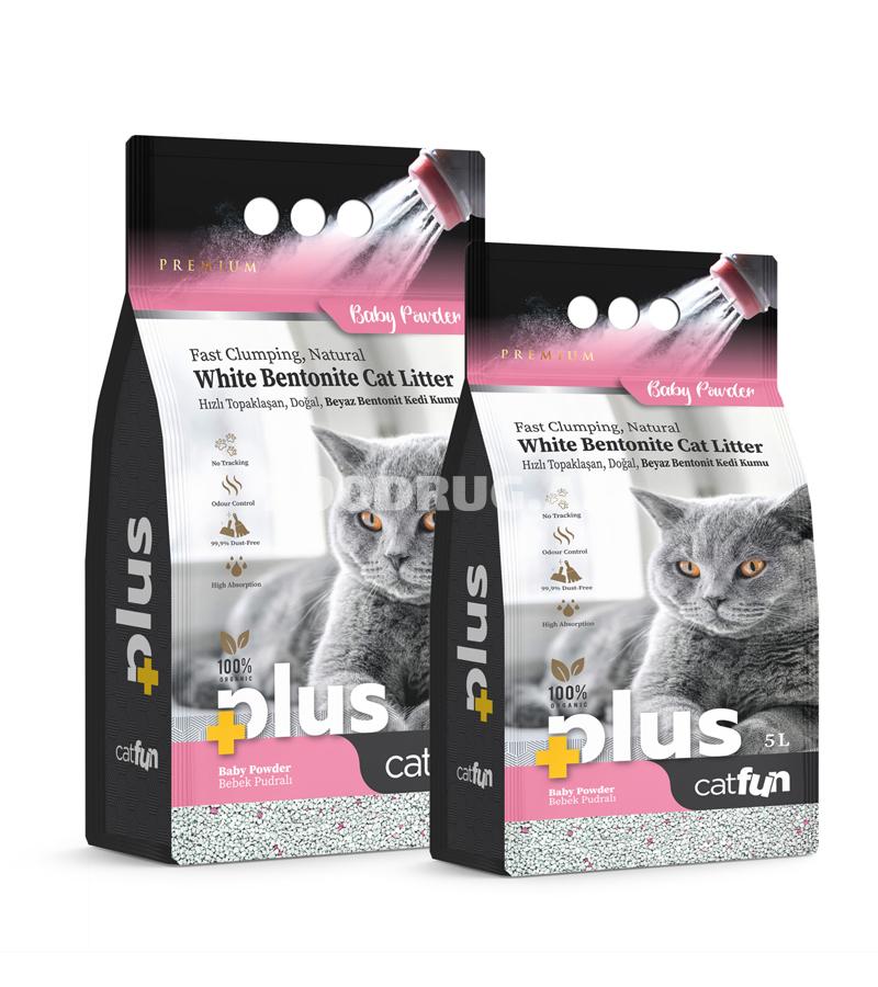 Topalanan pişik qumu Cat Fun Plus, bentonit əsaslı, uşaq pudrası ətrli ilə