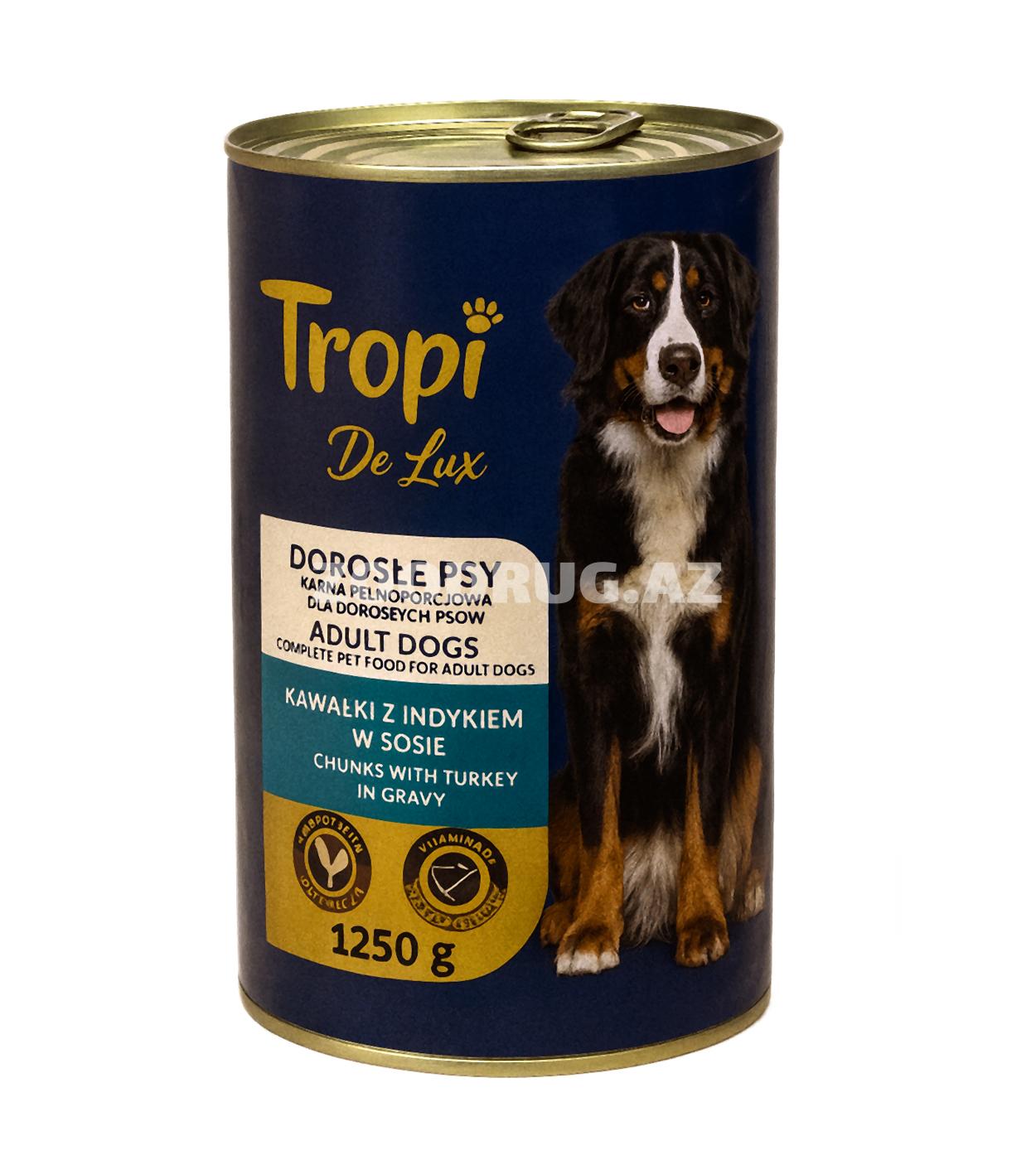 Nəmli Konservləşdirilmiş yem Tropi De Lux böyüklər üçün itlər üçün sousda hinduşka əti ilə 1250 q