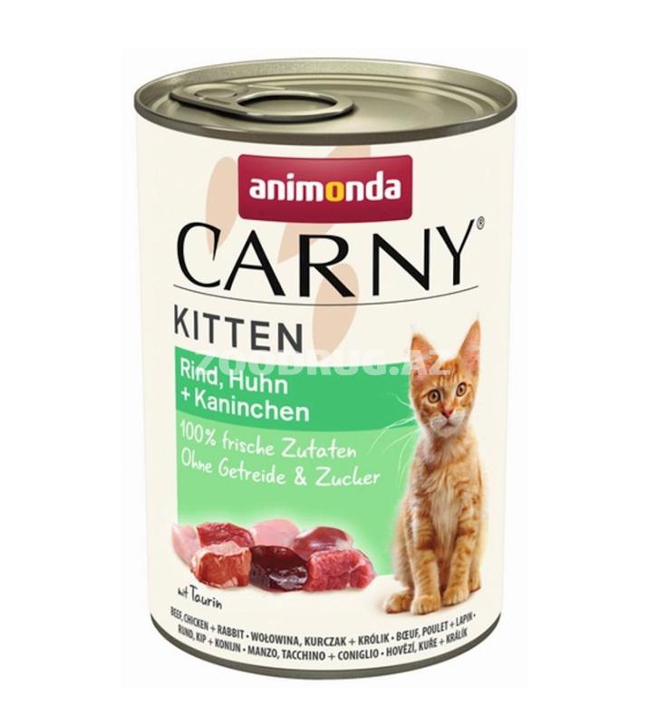 Yaş yem ANIMONDA CARNY KITTEN RIND, HUHN + KANINCHEN - mal əti, toyuq əti və dovşan əti ilə balalar üçün 400 q