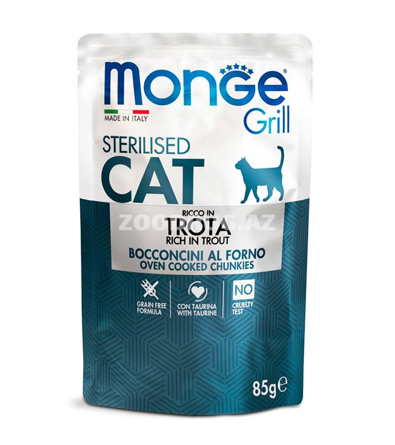 Nəm yem MONGE GRILL POUCH CAT STERILISED yetkin qısırlaşdırılmış pişiklər pişiklər üçün alabalıq dadi ilə 85 qr.