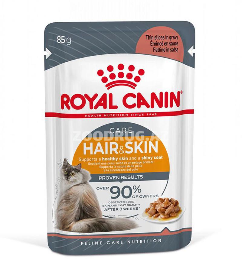 Nəm yem ROYAL CANIN Hair & Skin yetkin pişiklər üçün sousda toyuq dadi ilə 85 qr.