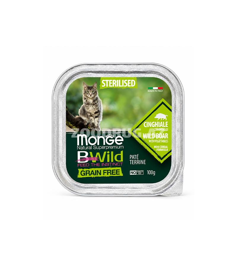 Влажный корм Monge BWild Grain Free Wild Boar Sterilised - полнорационный беззерновой паштет для стерилизованных кошек с мясом дикого кабана и овощами 100гр #1290.
