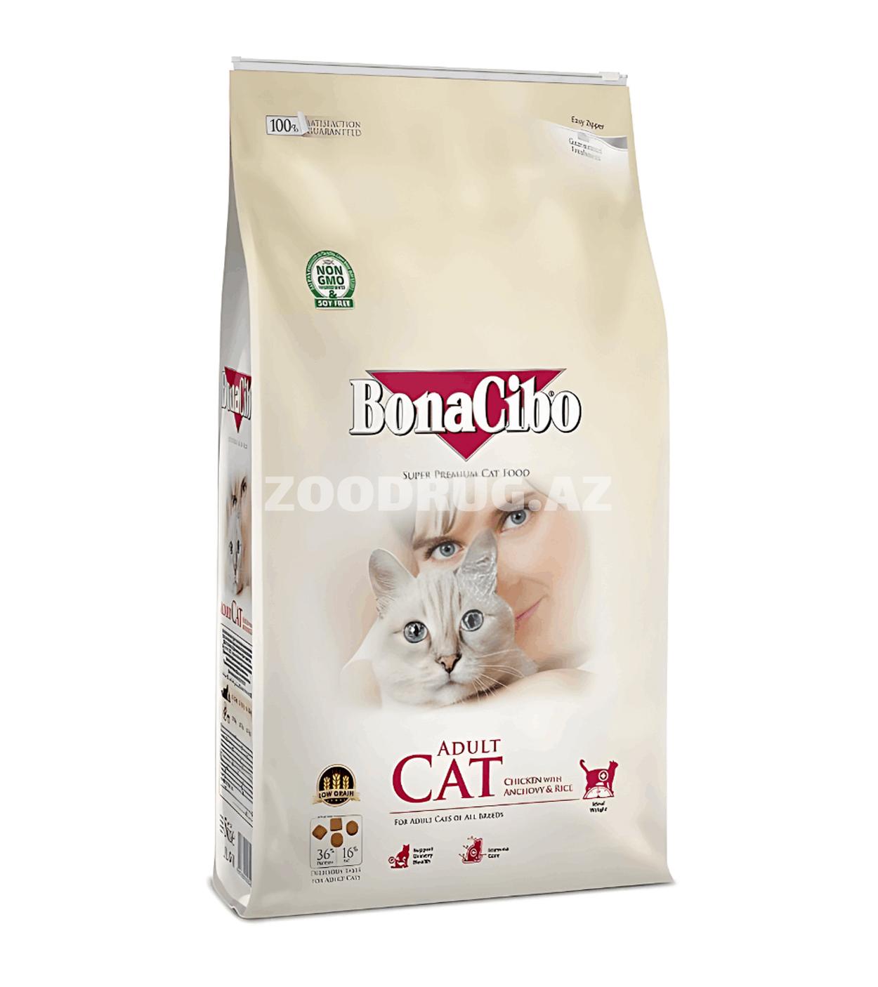 BonaCibo Adult Cat Chicken with Anchovy & Rice — toyuq, hamsi və düyü ilə böyüklər üçün quru pişik yemi 15kq