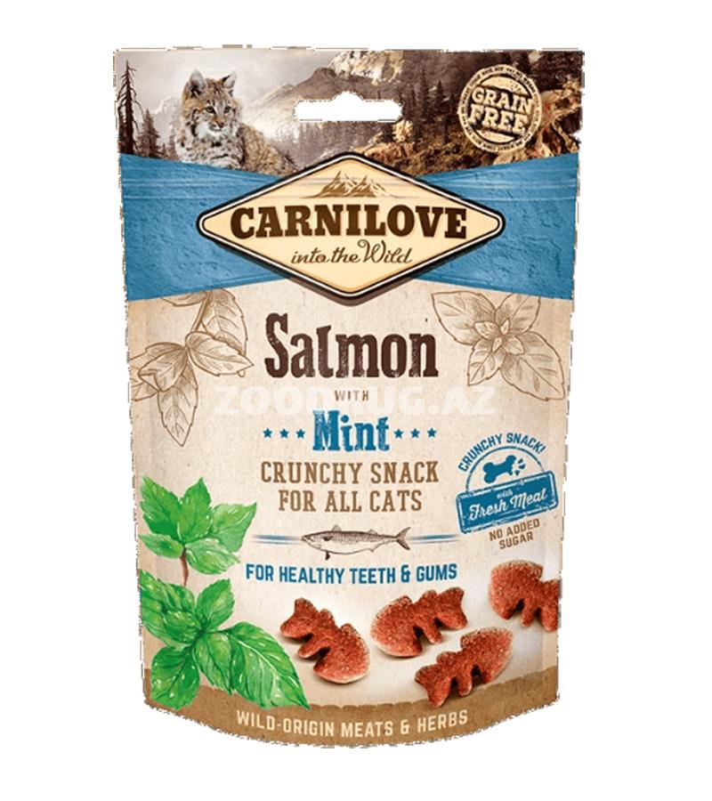 Carnilove Cat Crunchy Snack Təzə qızılbalıq və nanəli xırt-xırtlı təam, böyüklər üçün pişiklərdə 50 q.