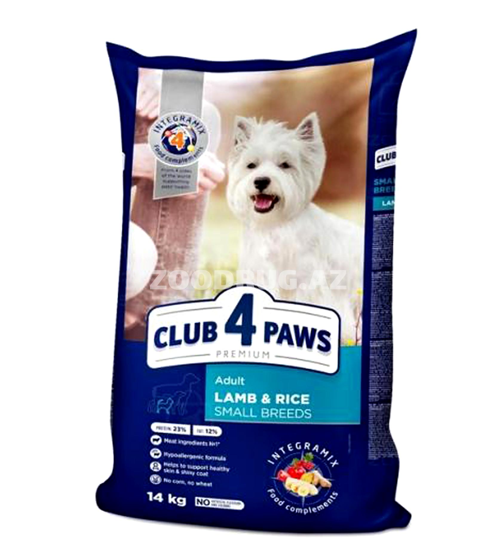 Quru yem Club 4 Paws Premium Adult Lamb & Rice Small Breeds – kiçik cinslərə aid yetkin itlər üçün, quzu əti və düyü tərkibli, 14 kq.